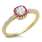 0.45 Carat (ctw) 10K Yellow Gold Round Cut Ruby & White Diamond Ladies Halo Style Bridal Engagement Ring 1/2 CT