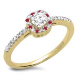 0.45 Carat (ctw) 10K Yellow Gold Round Cut Ruby & White Diamond Ladies Halo Style Bridal Engagement Ring 1/2 CT