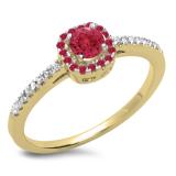 0.45 Carat (ctw) 10K Yellow Gold Round Cut Ruby & White Diamond Ladies Halo Style Bridal Engagement Ring 1/2 CT