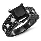 5.10 Carat (ctw) AA quality diamond Black Rhodium Plated 18K White Gold Princess & Round Cut Black & White Diamond Ladies Vintage Style Solitaire With Accents Bridal Engagement Ring