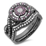 0.55 Carat (ctw) Black Rhodium Plated Sterling Silver Round White Diamond and Pink Sapphire Womens Micro Pave Engagement Ring Set 1/2 CT