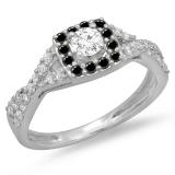 0.75 Carat (ctw) 14K White Gold Round Cut Black & White Diamond Ladies Bridal Swirl Split Shank Halo Engagement Ring 3/4 CT