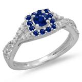 0.75 Carat (ctw) 18K White Gold Round Cut Blue Sapphire & White Diamond Ladies Bridal Swirl Split Shank Halo Engagement Ring 3/4 CT