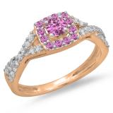 0.75 Carat (ctw) 18K Rose Gold Round Cut Pink Sapphire & White Diamond Ladies Bridal Swirl Split Shank Halo Engagement Ring 3/4 CT