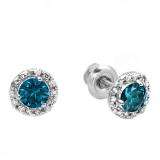 0.35 Carat (ctw) 10k White Gold Round Blue & White Diamond Halo Stud Earrings