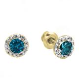 0.35 Carat (ctw) 14k Yellow Gold Round Blue & White Diamond Halo Stud Earrings