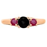 1.00 Carat (ctw) 10K Rose Gold Round Cut Ruby & Black Diamond Ladies Bridal 3 Stone Engagement Ring 1 CT
