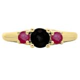 1.00 Carat (ctw) 10K Yellow Gold Round Cut Ruby & Black Diamond Ladies Bridal 3 Stone Engagement Ring 1 CT