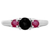 1.00 Carat (ctw) 14K White Gold Round Cut Ruby & Black Diamond Ladies Bridal 3 Stone Engagement Ring 1 CT
