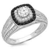 1.10 Carat (ctw) 10K White Gold Round Cut Black & White Diamond Ladies Split Shank Vintage Style Bridal Halo Engagement Ring 1 CT