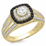 1.10 Carat (ctw) 10K Yellow Gold Round Cut Black & White Diamond Ladies Split Shank Vintage Style Bridal Halo Engagement Ring 1 CT