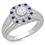1.10 Carat (ctw) 10K White Gold Round Cut Blue Sapphire & White Diamond Ladies Split Shank Vintage Style Bridal Halo Engagement Ring 1 CT
