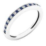 14K White Gold Round Blue Sapphire And White Diamond Ladies Bridal Wedding Band