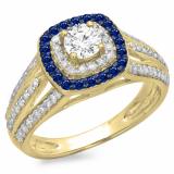 1.10 Carat (ctw) 14K Yellow Gold Round Cut Blue Sapphire & White Diamond Ladies Split Shank Vintage Style Bridal Halo Engagement Ring 1 CT