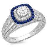 1.10 Carat (ctw) 18K White Gold Round Cut Blue Sapphire & White Diamond Ladies Split Shank Vintage Style Bridal Halo Engagement Ring 1 CT