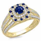 1.10 Carat (ctw) 10K Yellow Gold Round Cut Blue Sapphire & White Diamond Ladies Split Shank Vintage Style Bridal Halo Engagement Ring 1 CT