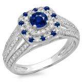 1.10 Carat (ctw) 14K White Gold Round Cut Blue Sapphire & White Diamond Ladies Split Shank Vintage Style Bridal Halo Engagement Ring 1 CT