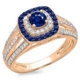 1.10 Carat (ctw) 10K Rose Gold Round Cut Blue Sapphire & White Diamond Ladies Split Shank Vintage Style Bridal Halo Engagement Ring 1 CT