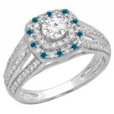 1.10 Carat (ctw) 18K White Gold Round Cut Blue & White Diamond Ladies Split Shank Vintage Style Bridal Halo Engagement Ring 1 CT