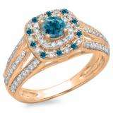 1.10 Carat (ctw) 14K Rose Gold Round Cut Blue & White Diamond Ladies Split Shank Vintage Style Bridal Halo Engagement Ring 1 CT