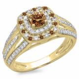 1.10 Carat (ctw) 14K Yellow Gold Round Cut Champagne & White Diamond Ladies Split Shank Vintage Style Bridal Halo Engagement Ring 1 CT