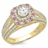 1.10 Carat (ctw) 10K Yellow Gold Round Cut Pink Sapphire & White Diamond Ladies Split Shank Vintage Style Bridal Halo Engagement Ring 1 CT