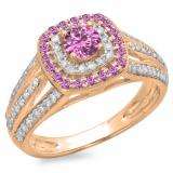 1.10 Carat (ctw) 18K Rose Gold Round Cut Pink Sapphire & White Diamond Ladies Split Shank Vintage Style Bridal Halo Engagement Ring 1 CT