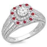 1.10 Carat (ctw) 18K White Gold Round Cut Ruby & White Diamond Ladies Split Shank Vintage Style Bridal Halo Engagement Ring 1 CT