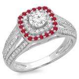 1.10 Carat (ctw) 10K White Gold Round Cut Ruby & White Diamond Ladies Split Shank Vintage Style Bridal Halo Engagement Ring 1 CT