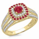 1.10 Carat (ctw) 18K Yellow Gold Round Cut Ruby & White Diamond Ladies Split Shank Vintage Style Bridal Halo Engagement Ring 1 CT
