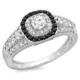 1.00 Carat (ctw) 18K White Gold Round Cut Black & White Diamond Ladies Vintage Style Bridal Halo Engagement Ring 1 CT