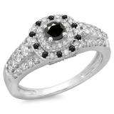 1.00 Carat (ctw) 14K White Gold Round Cut Black & White Diamond Ladies Vintage Style Bridal Halo Engagement Ring 1 CT
