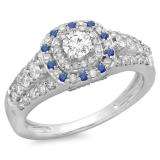 1.00 Carat (ctw) 14K White Gold Round Cut Blue Sapphire & White Diamond Ladies Vintage Style Bridal Halo Engagement Ring 1 CT