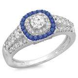 1.00 Carat (ctw) 10K White Gold Round Cut Blue Sapphire & White Diamond Ladies Vintage Style Bridal Halo Engagement Ring 1 CT