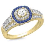 1.00 Carat (ctw) 14K Yellow Gold Round Cut Blue Sapphire & White Diamond Ladies Vintage Style Bridal Halo Engagement Ring 1 CT