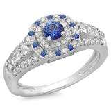1.00 Carat (ctw) 10K White Gold Round Cut Blue Sapphire & White Diamond Ladies Vintage Style Bridal Halo Engagement Ring 1 CT
