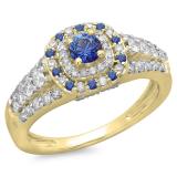 1.00 Carat (ctw) 10K Yellow Gold Round Cut Blue Sapphire & White Diamond Ladies Vintage Style Bridal Halo Engagement Ring 1 CT