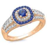1.00 Carat (ctw) 10K Rose Gold Round Cut Blue Sapphire & White Diamond Ladies Vintage Style Bridal Halo Engagement Ring 1 CT