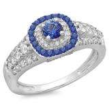 1.00 Carat (ctw) 10K White Gold Round Cut Blue Sapphire & White Diamond Ladies Vintage Style Bridal Halo Engagement Ring 1 CT