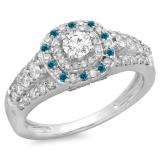 1.00 Carat (ctw) 10K White Gold Round Cut Blue & White Diamond Ladies Vintage Style Bridal Halo Engagement Ring 1 CT