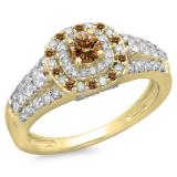 1.00 Carat (ctw) 14K Yellow Gold Round Cut Champagne & White Diamond Ladies Vintage Style Bridal Halo Engagement Ring 1 CT