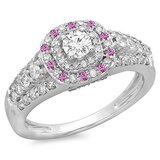 1.00 Carat (Ctw) 14K White Gold Round Cut Pink Sapphire & White Diamond Ladies Vintage Style Bridal Halo Engagement Ring 1 CT