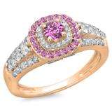 1.00 Carat (ctw) 14K Rose Gold Round Cut Pink Sapphire & White Diamond Ladies Vintage Style Bridal Halo Engagement Ring 1 CT