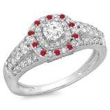 1.00 Carat (ctw) 10K White Gold Round Cut Ruby & White Diamond Ladies Vintage Style Bridal Halo Engagement Ring 1 CT