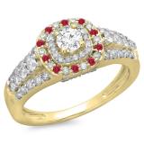 1.00 Carat (ctw) 14K Yellow Gold Round Cut Ruby & White Diamond Ladies Vintage Style Bridal Halo Engagement Ring 1 CT