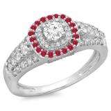 1.00 Carat (ctw) 10K White Gold Round Cut Ruby & White Diamond Ladies Vintage Style Bridal Halo Engagement Ring 1 CT