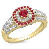1.00 Carat (ctw) 10K Yellow Gold Round Cut Ruby & White Diamond Ladies Vintage Style Bridal Halo Engagement Ring 1 CT