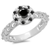0.80 Carat (ctw) 10K White Gold Round Cut Black & White Diamond Ladies Bridal Vintage Halo Style Engagement Ring 3/4 CT