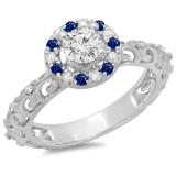0.80 Carat (ctw) 10K White Gold Round Cut Blue Sapphire & White Diamond Ladies Bridal Vintage Halo Style Engagement Ring 3/4 CT