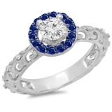 0.80 Carat (ctw) 18K White Gold Round Cut Blue Sapphire & White Diamond Ladies Bridal Vintage Halo Style Engagement Ring 3/4 CT